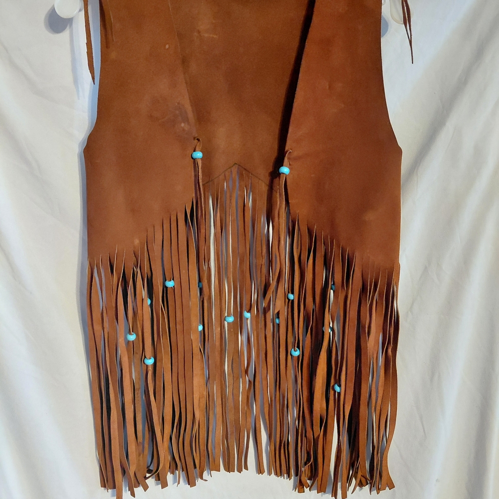 Vintage 1960s Brown Leather Fringe Vest with Turquoise Accents - Picture 2 of 7